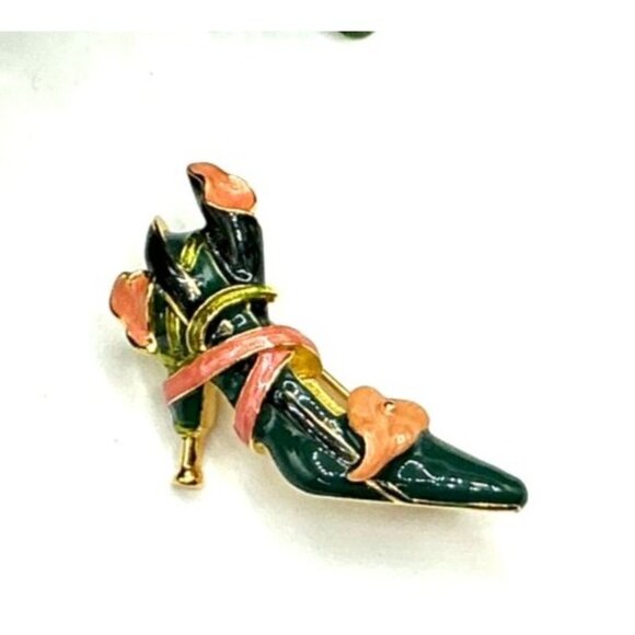 Vintage Enamel High Heel Shoe Brooch Pin Green Gold Tone - Picture 1 of 6